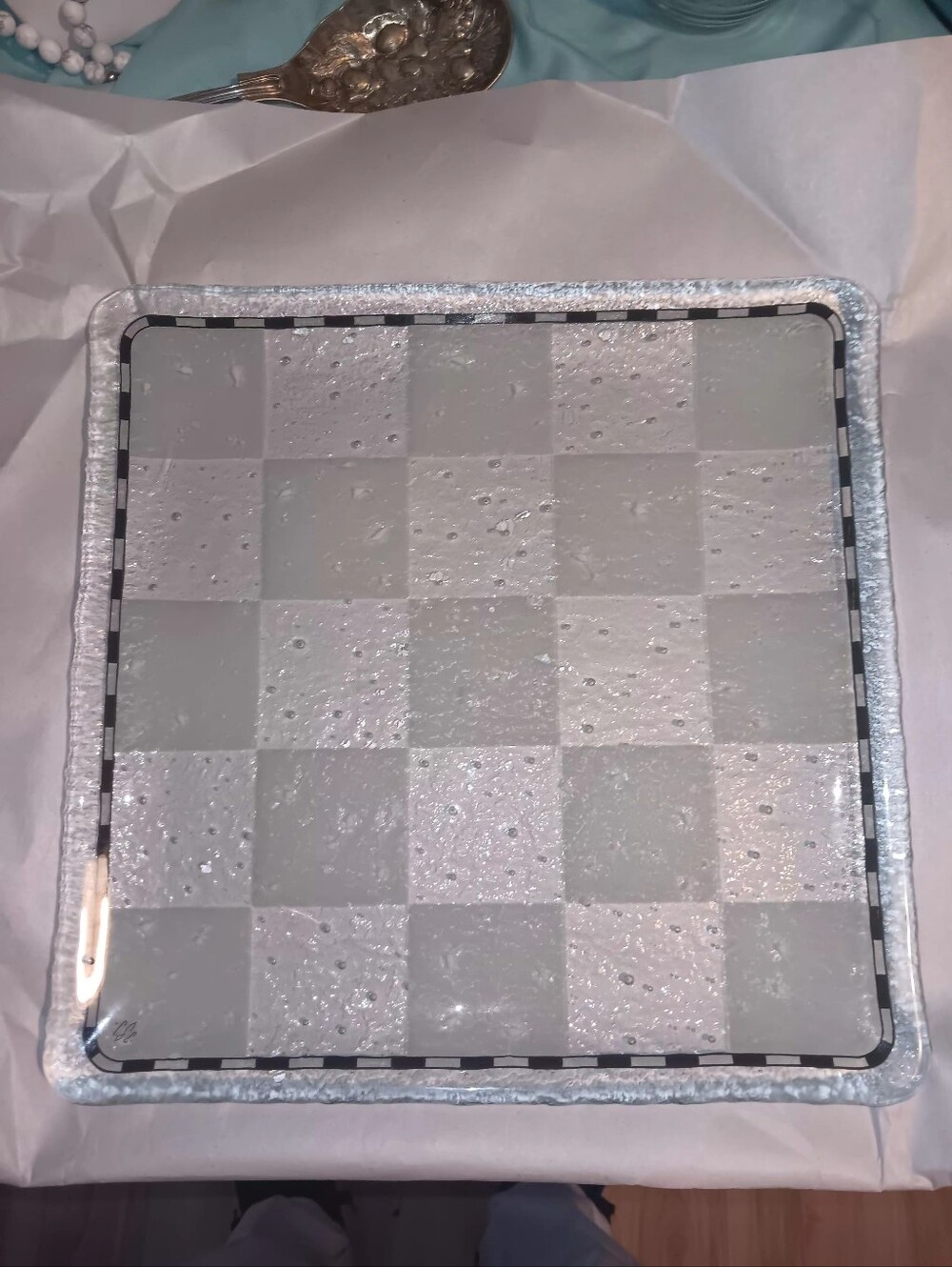 Vintage Art Glass Checkered Serving Tray in Frosted White and Clear Sigmed CSE
